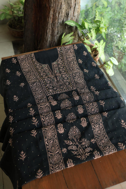 Black Mal Cotton Fine Chikankari With Kamdani Work Unstitched Fabric