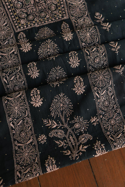 Black Mal Cotton Fine Chikankari With Kamdani Work Unstitched Fabric