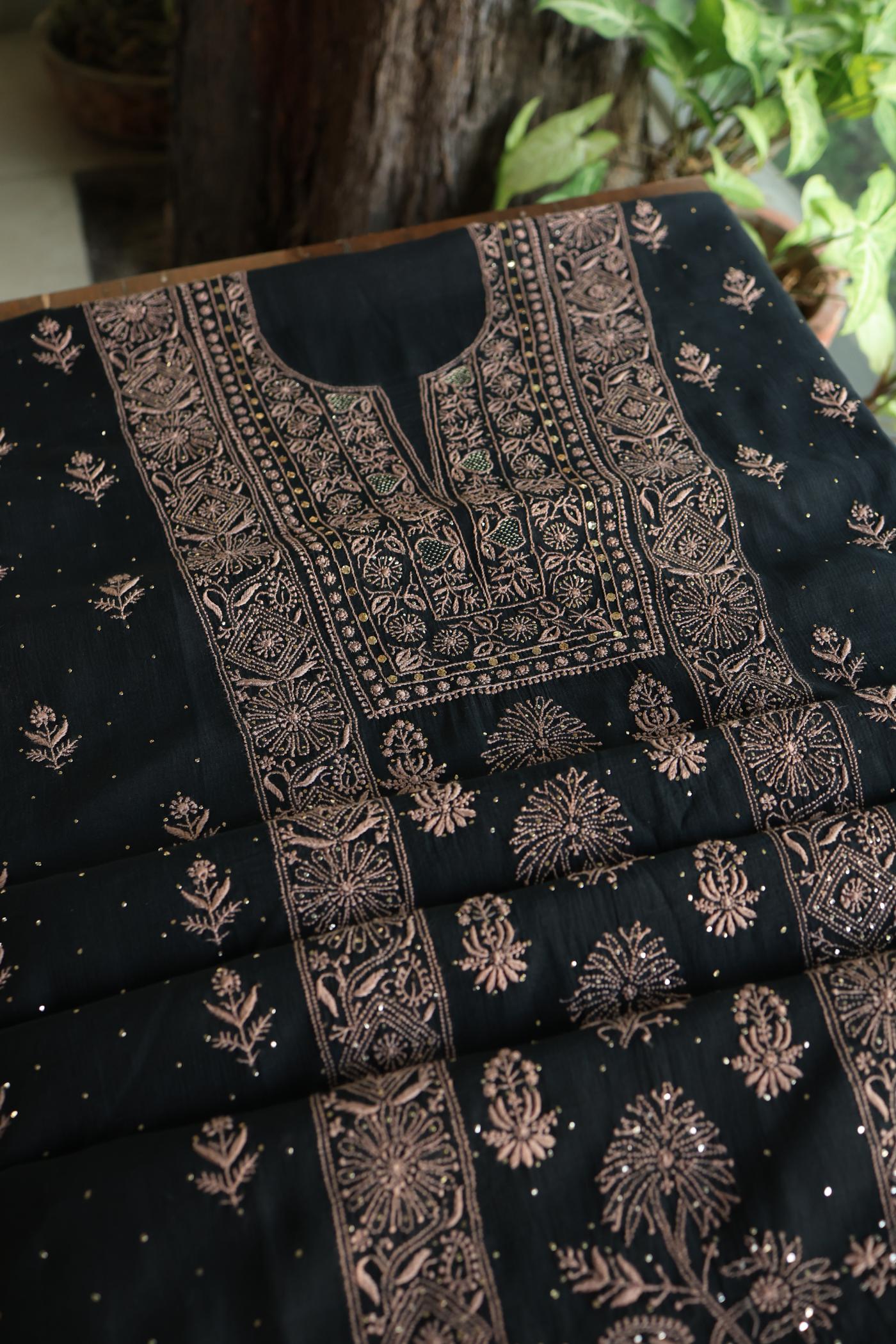 Black Mal Cotton Fine Chikankari With Kamdani Work Unstitched Fabric