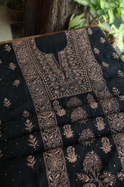 Black Mal Cotton Fine Chikankari With Kamdani Work Unstitched Fabric