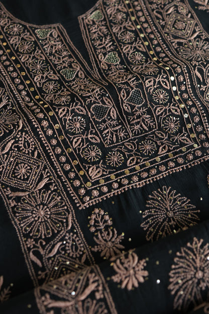 Black Mal Cotton Fine Chikankari With Kamdani Work Unstitched Fabric