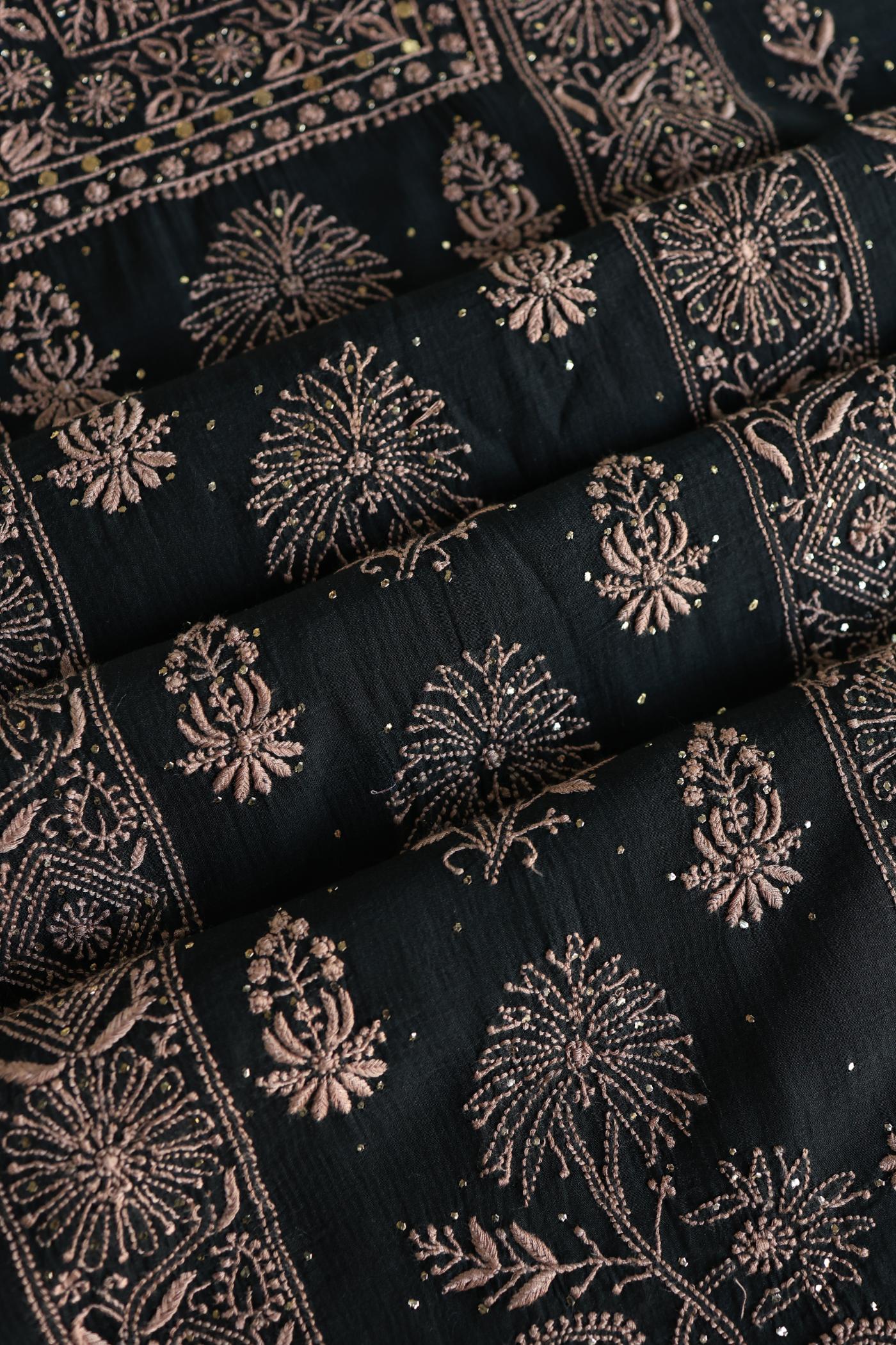 Black Mal Cotton Fine Chikankari With Kamdani Work Unstitched Fabric
