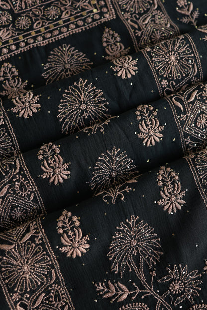 Black Mal Cotton Fine Chikankari With Kamdani Work Unstitched Fabric