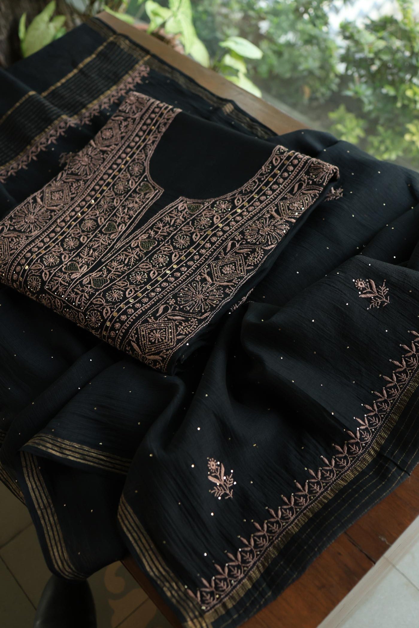 Black Mal Cotton Fine Chikankari With Kamdani Work Unstitched Fabric