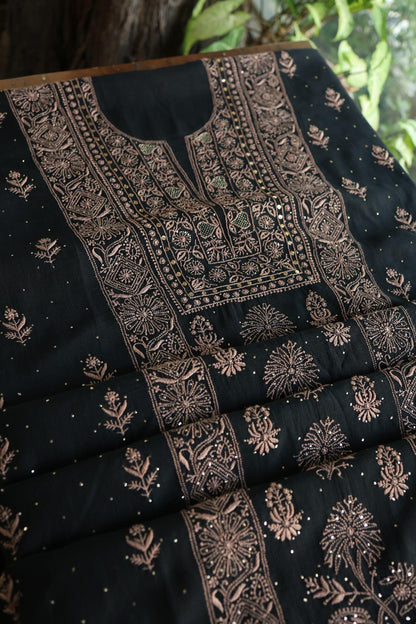 Black Mal Cotton Fine Chikankari With Kamdani Work Unstitched Fabric