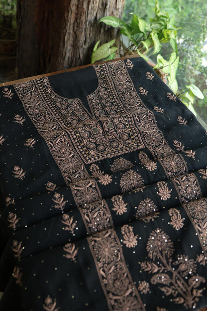 Black Mal Cotton Fine Chikankari With Kamdani Work Unstitched Fabric