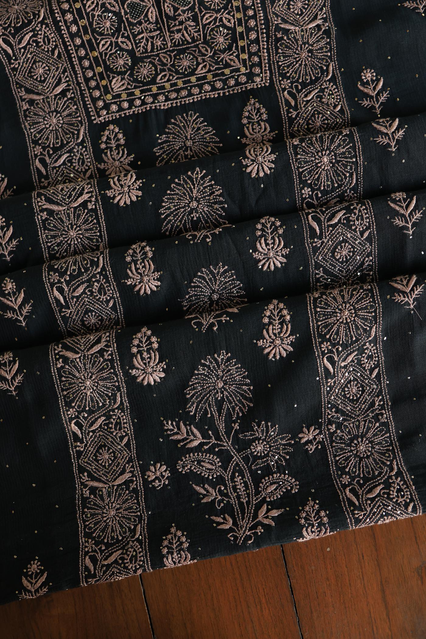 Black Mal Cotton Fine Chikankari With Kamdani Work Unstitched Fabric