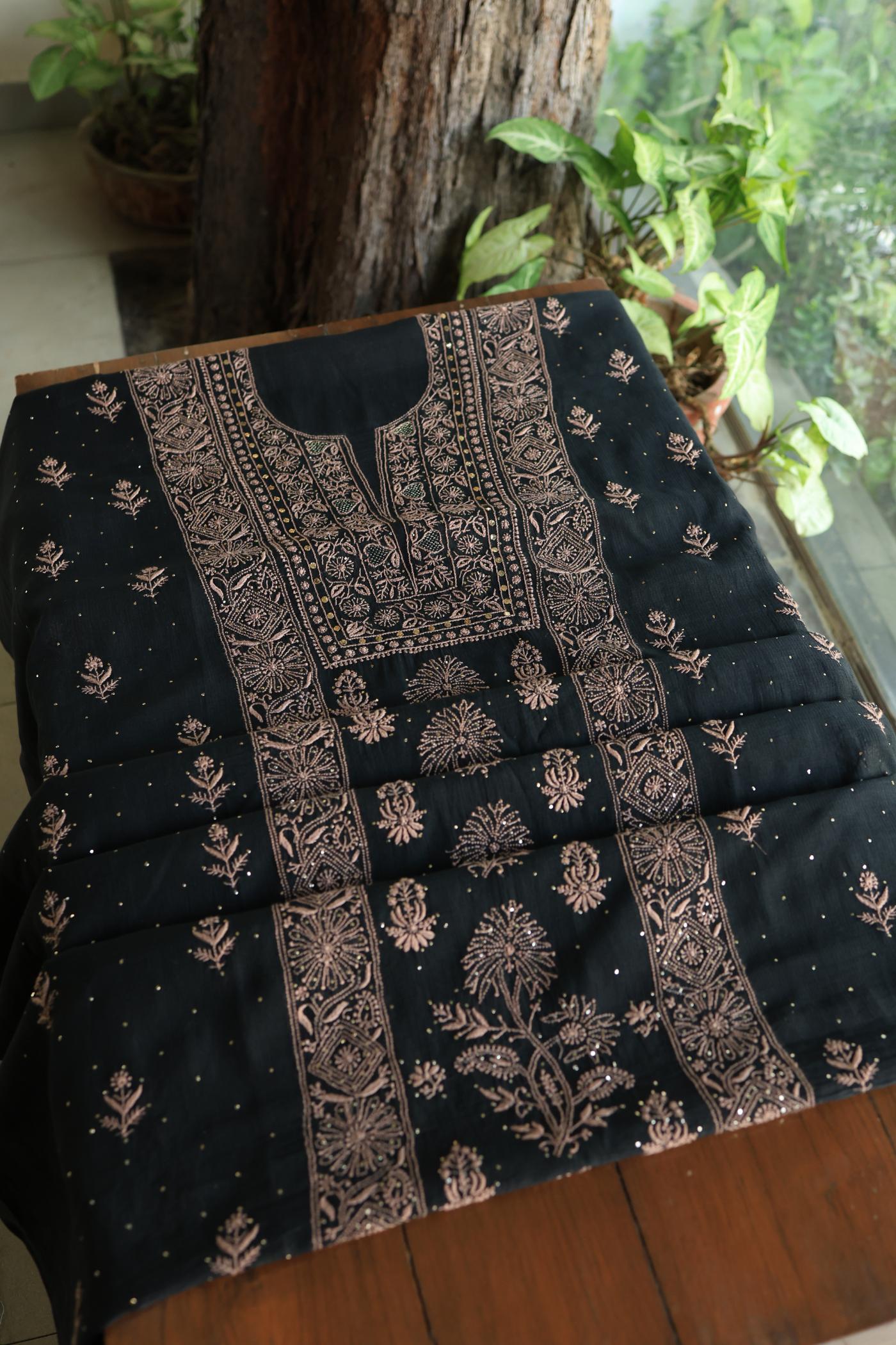 Black Mal Cotton Fine Chikankari With Kamdani Work Unstitched Fabric
