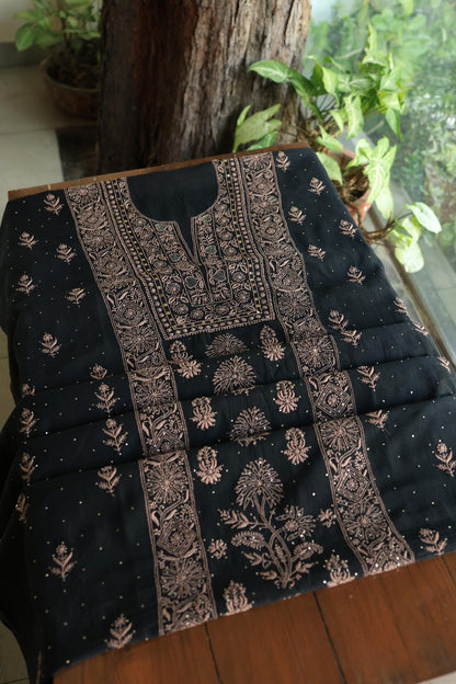 Black Mal Cotton Fine Chikankari With Kamdani Work Unstitched Fabric