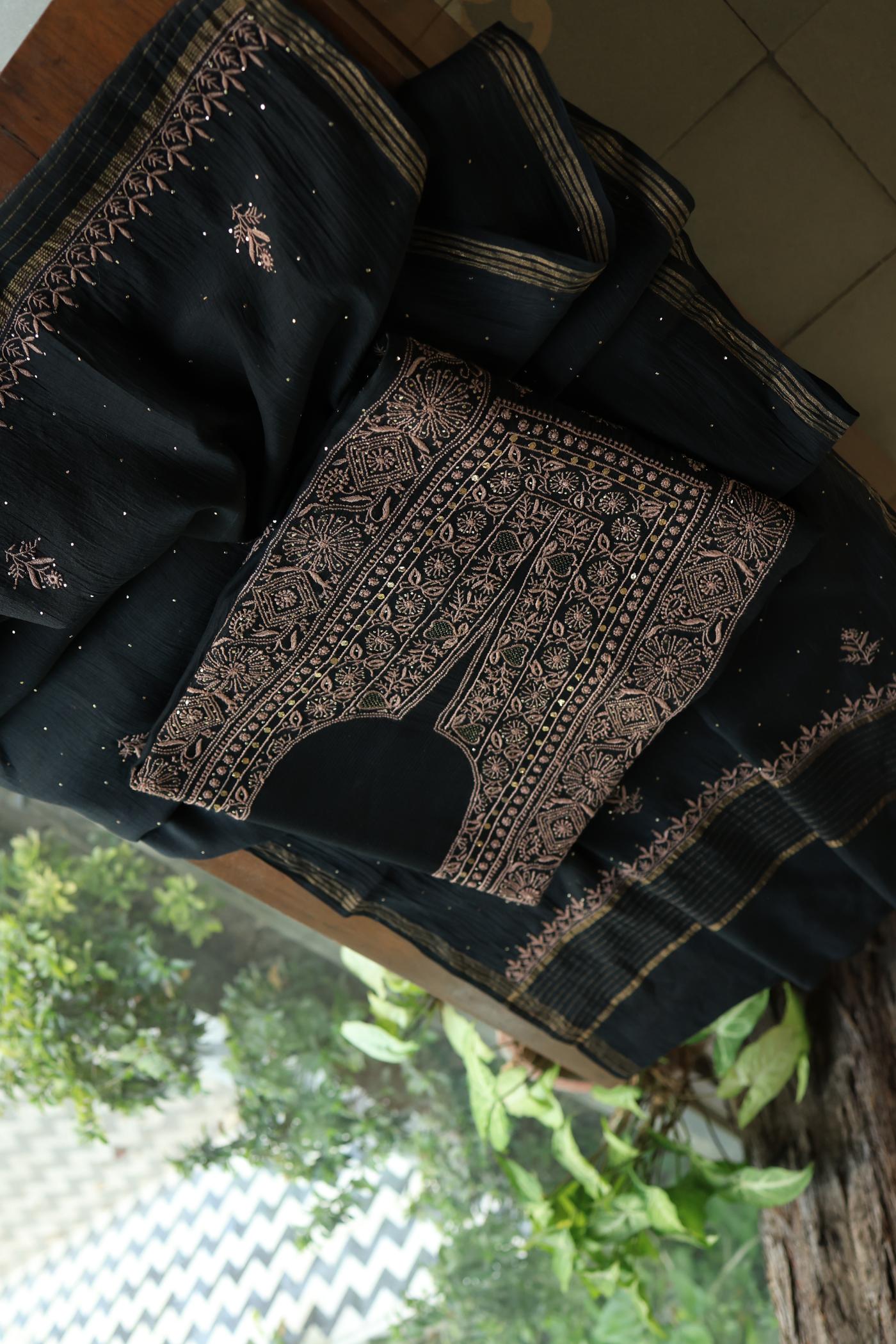 Black Mal Cotton Fine Chikankari With Kamdani Work Unstitched Fabric