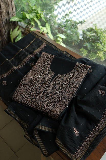 Black Mal Cotton Fine Chikankari With Kamdani Work Unstitched Fabric
