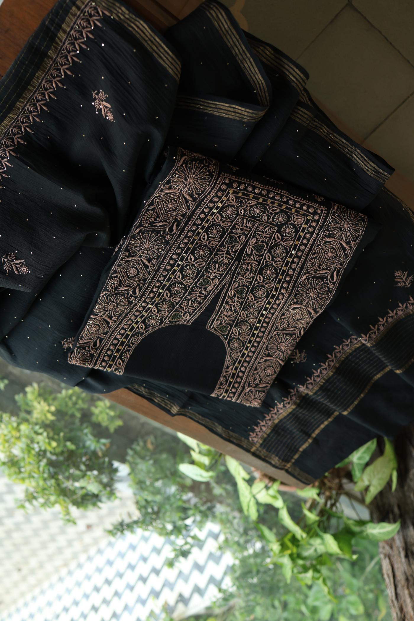 Black Mal Cotton Fine Chikankari With Kamdani Work Unstitched Fabric