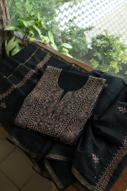 Black Mal Cotton Fine Chikankari With Kamdani Work Unstitched Fabric