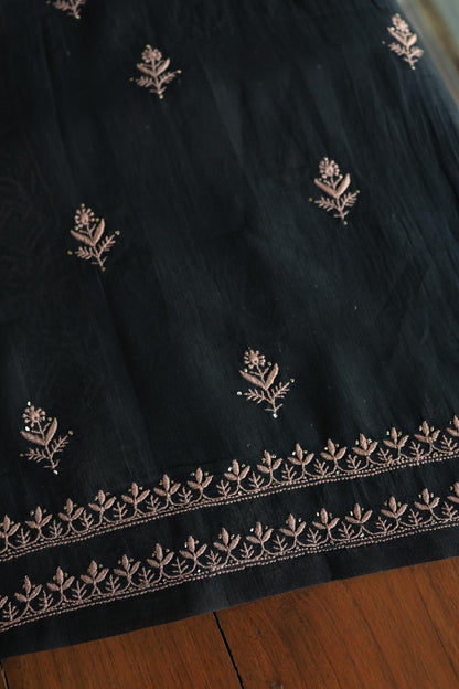 Black Mal Cotton Fine Chikankari With Kamdani Work Unstitched Fabric
