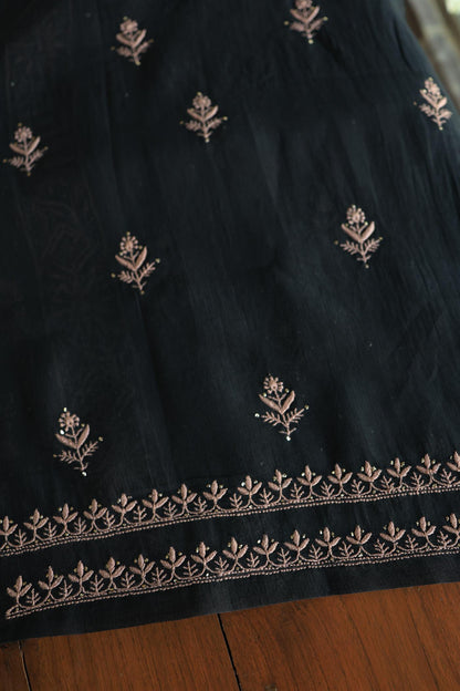 Black Mal Cotton Fine Chikankari With Kamdani Work Unstitched Fabric