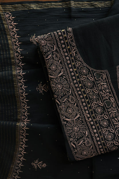 Black Mal Cotton Fine Chikankari With Kamdani Work Unstitched Fabric