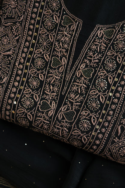 Black Mal Cotton Fine Chikankari With Kamdani Work Unstitched Fabric