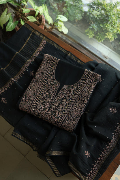 Black Mal Cotton Fine Chikankari With Kamdani Work Unstitched Fabric