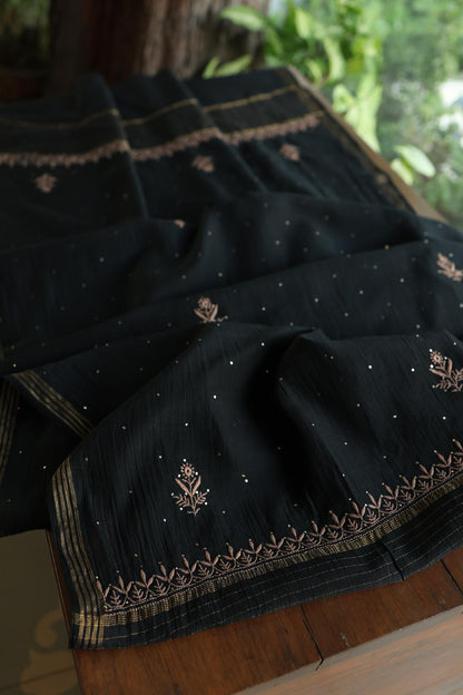 Black Mal Cotton Fine Chikankari With Kamdani Work Unstitched Fabric