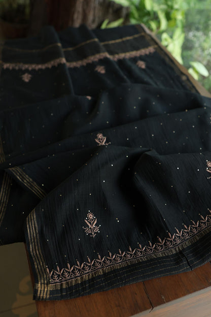 Black Mal Cotton Fine Chikankari With Kamdani Work Unstitched Fabric