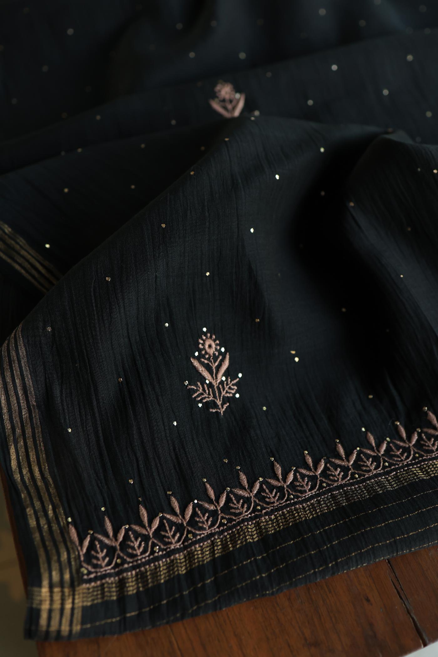 Black Mal Cotton Fine Chikankari With Kamdani Work Unstitched Fabric