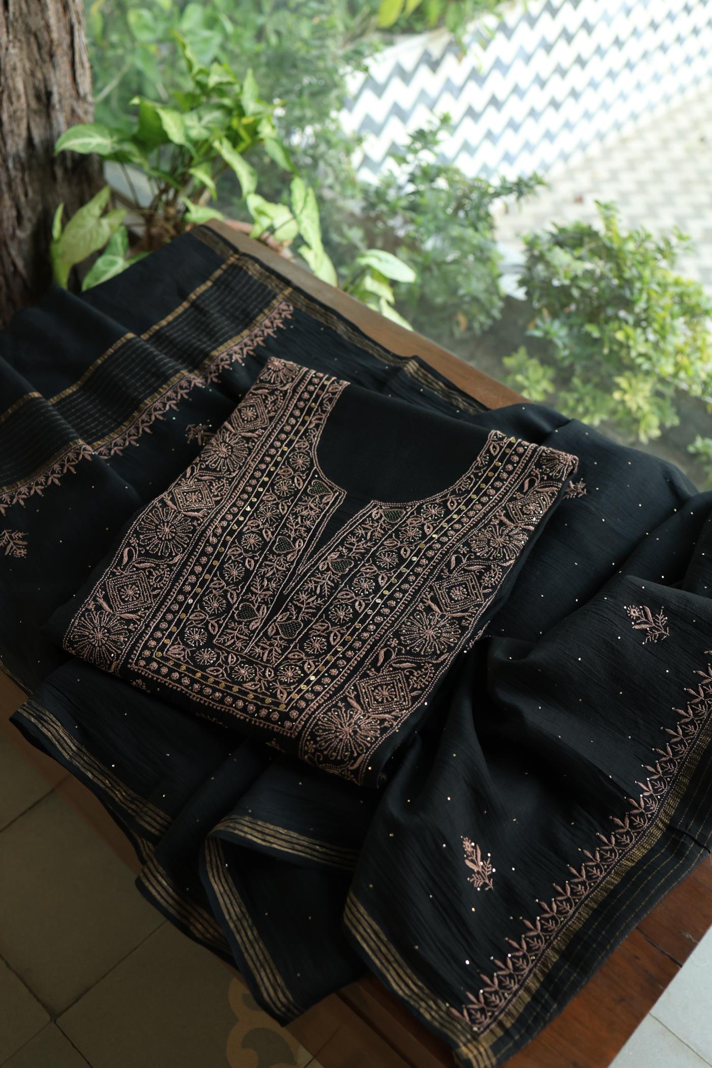 Black Mal Cotton Fine Chikankari With Kamdani Work Unstitched Fabric