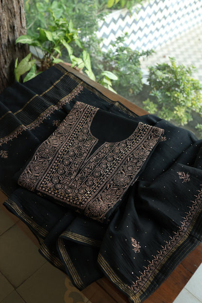 Black Mal Cotton Fine Chikankari With Kamdani Work Unstitched Fabric