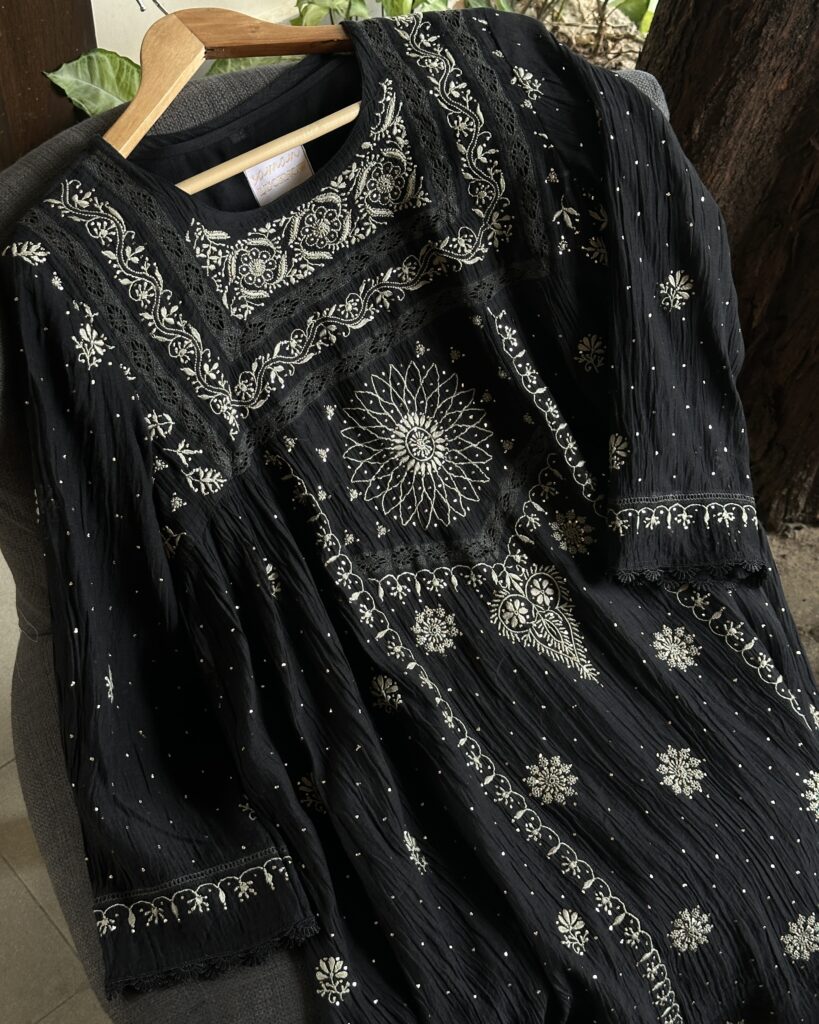 Black Malmal Chikankari Kamdani Short Kurti