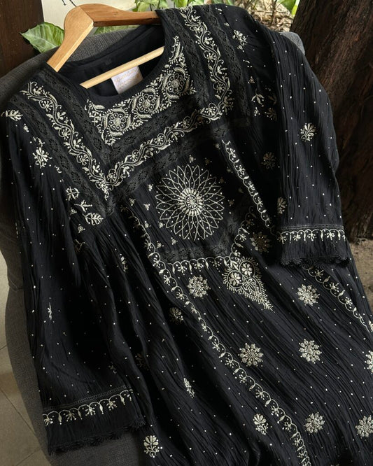 Black Malmal Chikankari Kamdani Short Kurti