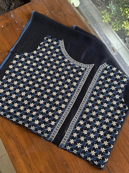 Black Moonga Silk Chikankari Unstitched Blouse Fabric