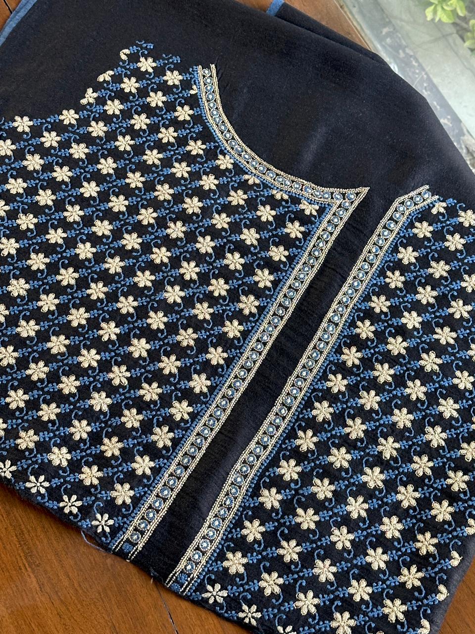 Black Moonga Silk Chikankari Unstitched Blouse Fabric