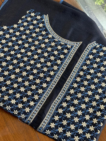 Black Moonga Silk Chikankari Unstitched Blouse Fabric