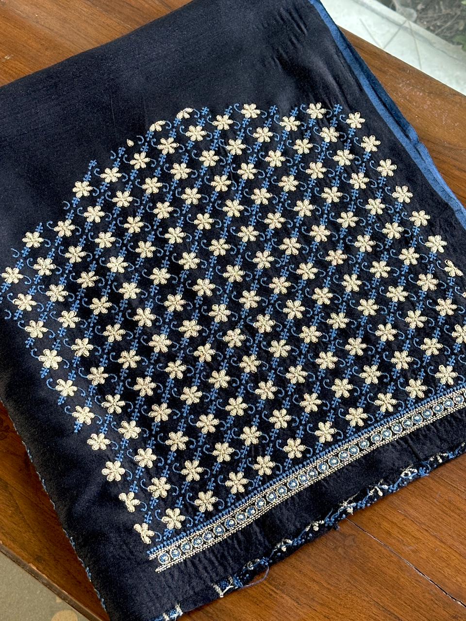 Black Moonga Silk Chikankari Unstitched Blouse Fabric