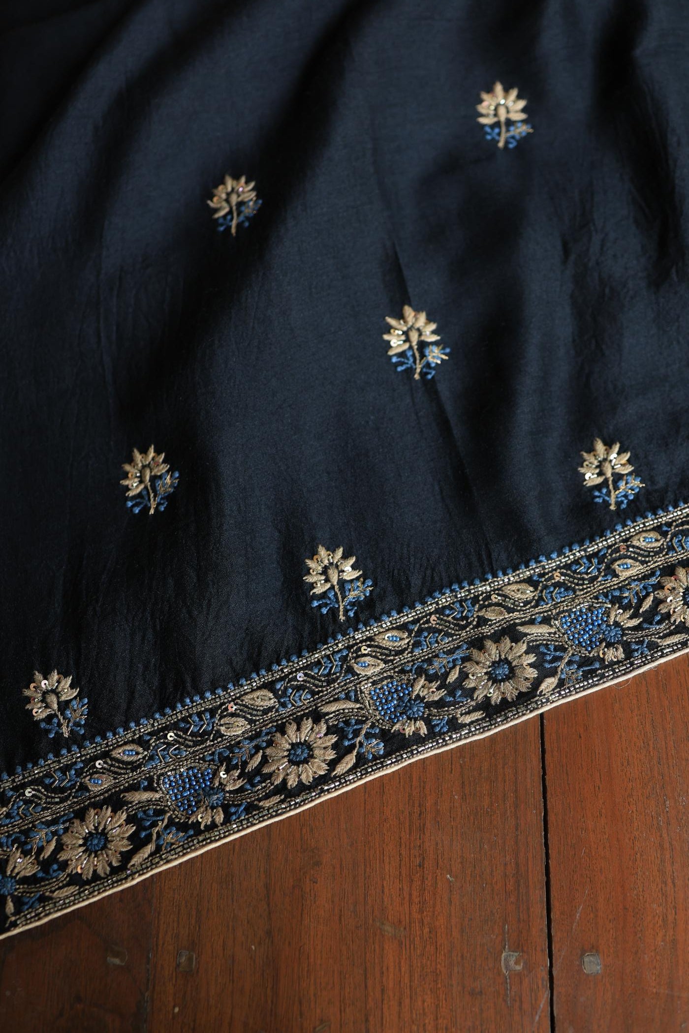 Black Moonga Silk Chikankari Unstitched Fabric