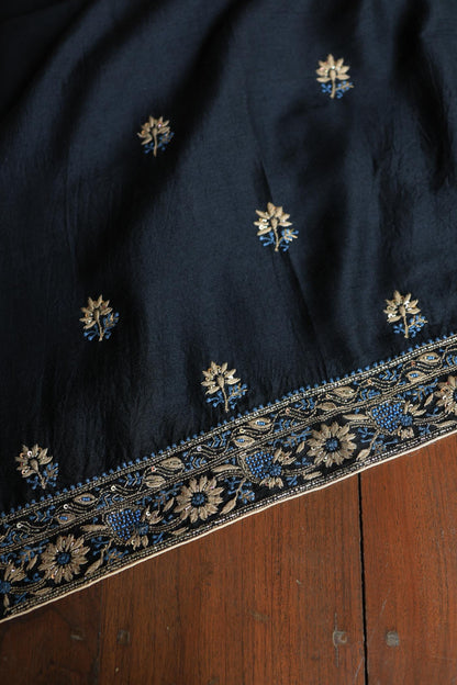 Black Moonga Silk Chikankari Unstitched Fabric