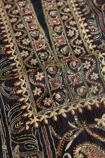 Black Moonga Silk Chikankari Unstitched Fabric
