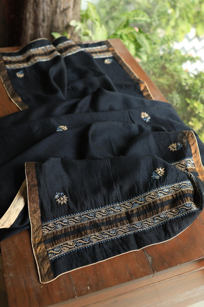 Black Moonga Silk Chikankari Unstitched Fabric