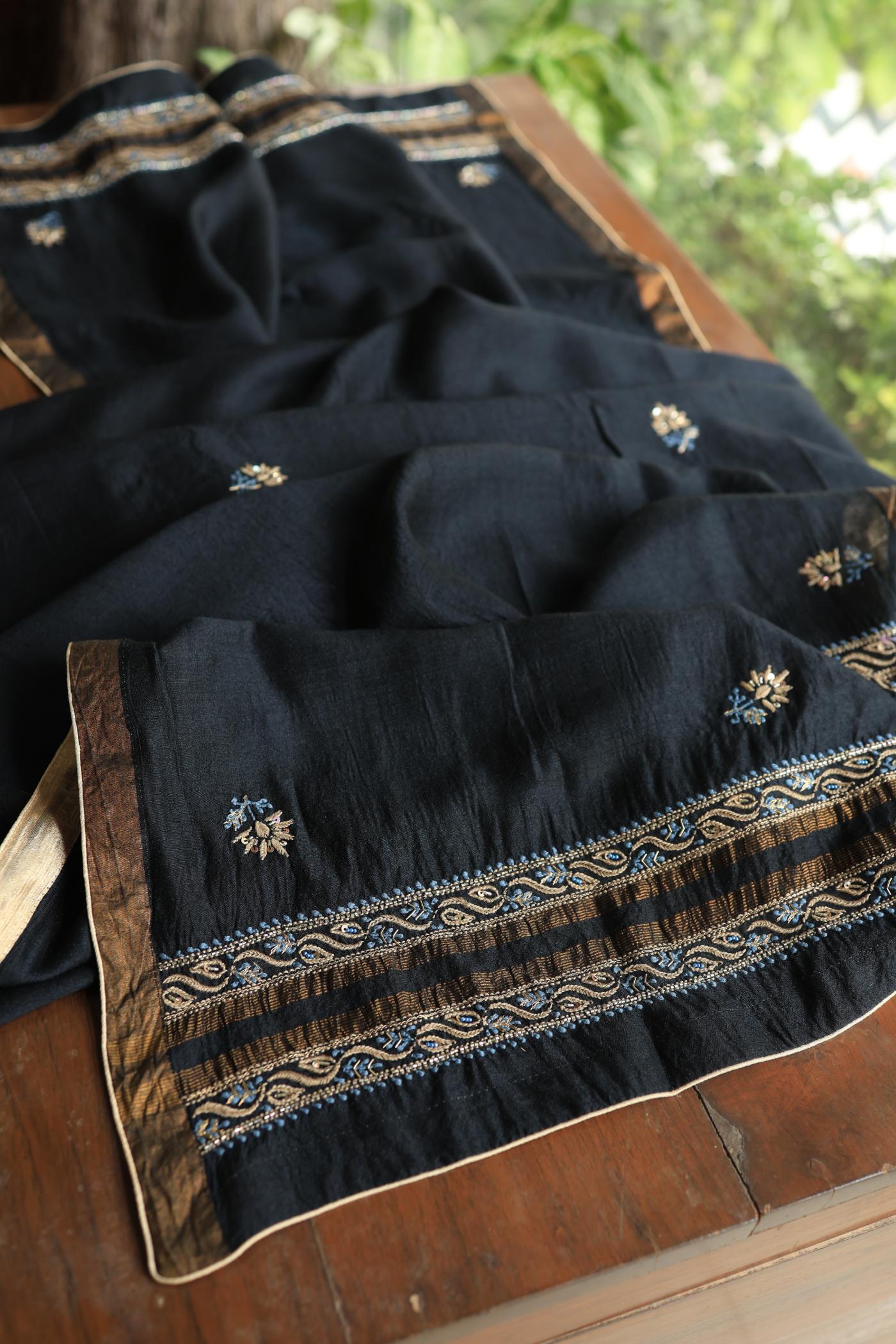 Black Moonga Silk Chikankari Unstitched Fabric