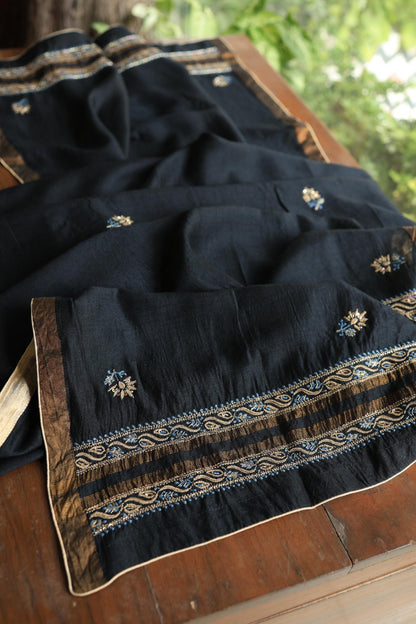 Black Moonga Silk Chikankari Unstitched Fabric