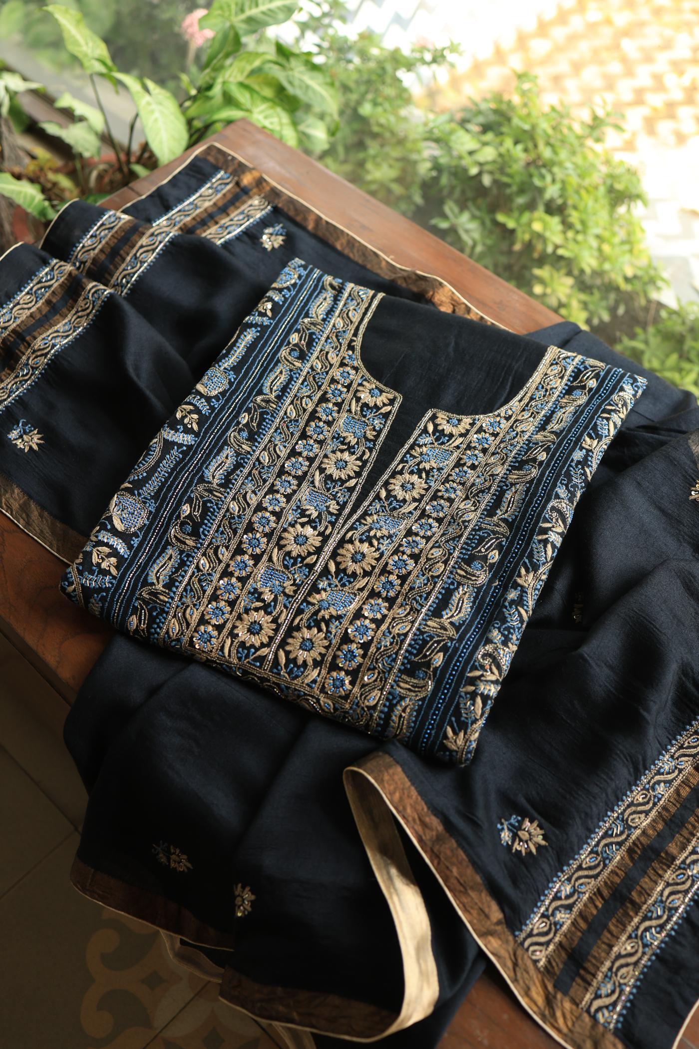 Black Moonga Silk Chikankari Unstitched Fabric
