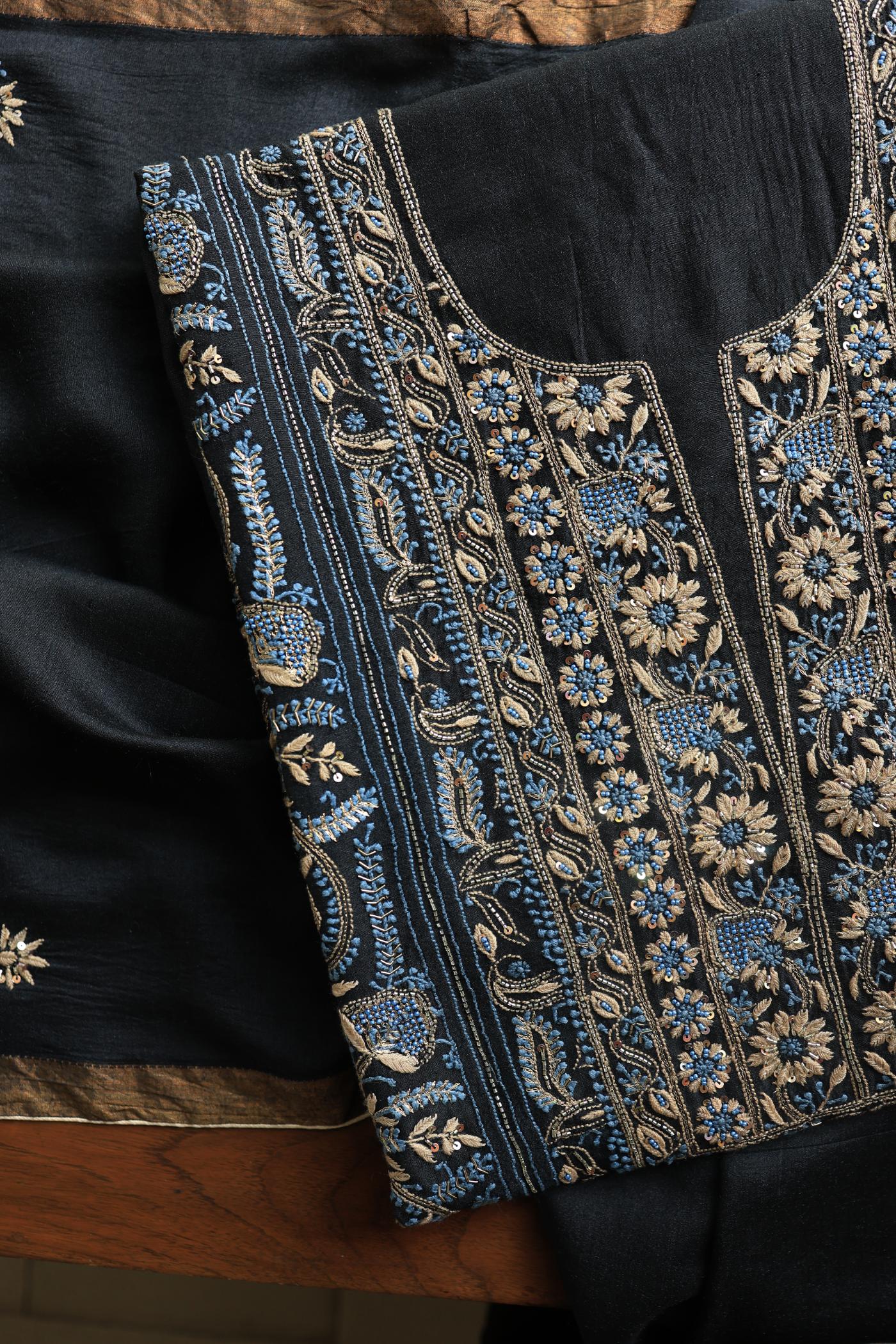 Black Moonga Silk Chikankari Unstitched Fabric