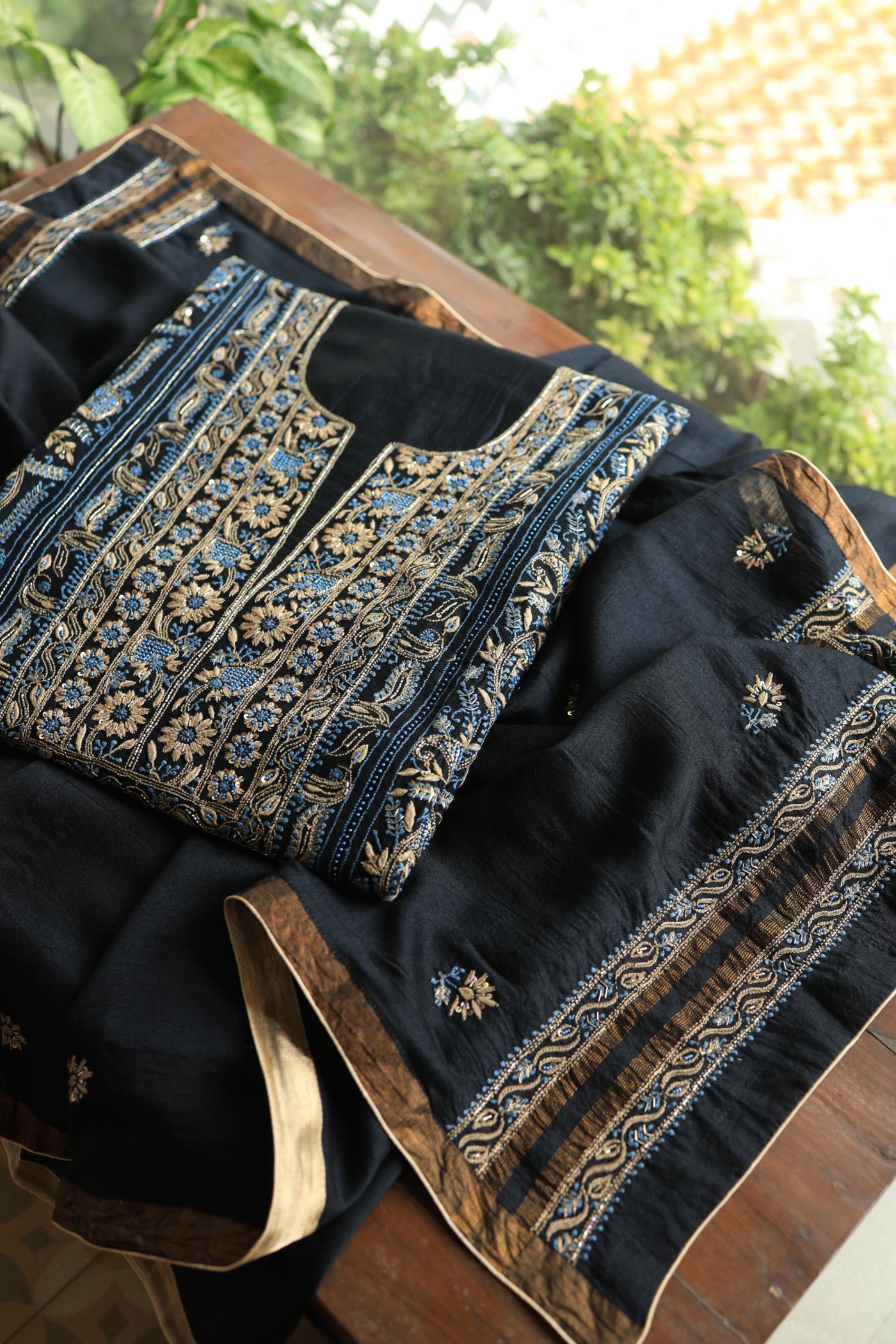 Black Moonga Silk Chikankari Unstitched Fabric