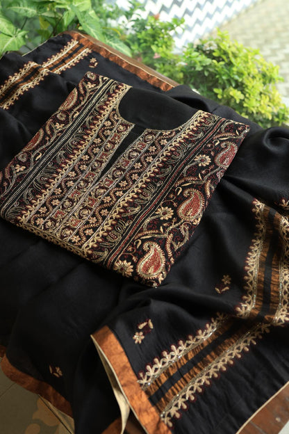 Black Moonga Silk Chikankari Unstitched Fabric
