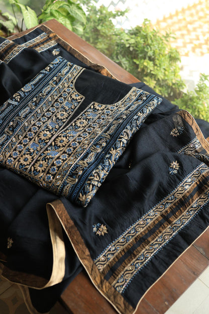 Black Moonga Silk Chikankari Unstitched Fabric