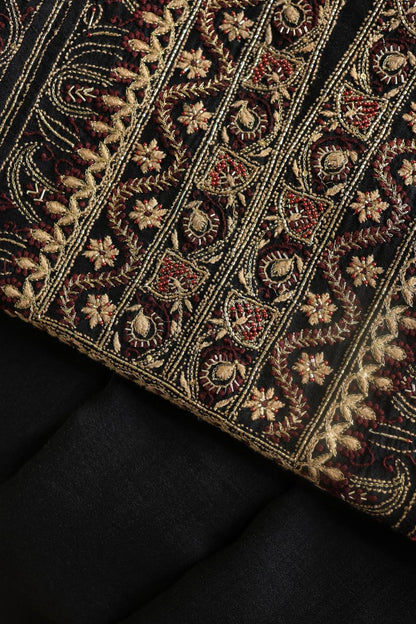 Black Moonga Silk Chikankari Unstitched Fabric