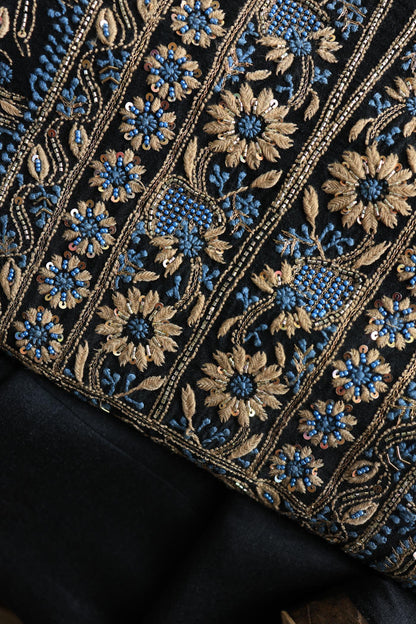Black Moonga Silk Chikankari Unstitched Fabric