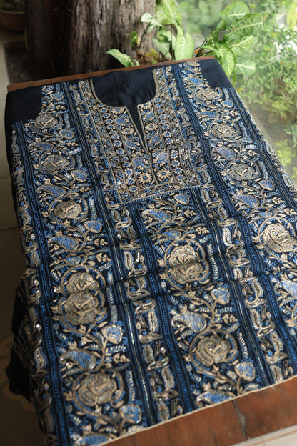 Black Moonga Silk Chikankari Unstitched Fabric