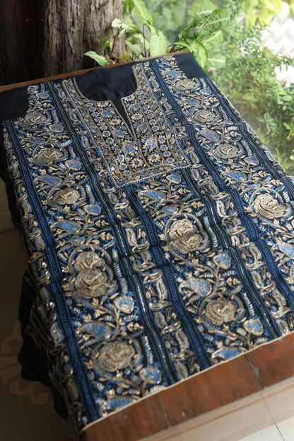 Black Moonga Silk Chikankari Unstitched Fabric