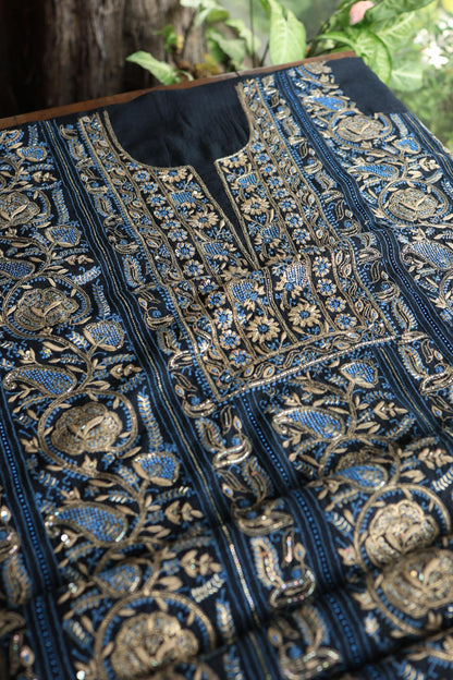 Black Moonga Silk Chikankari Unstitched Fabric