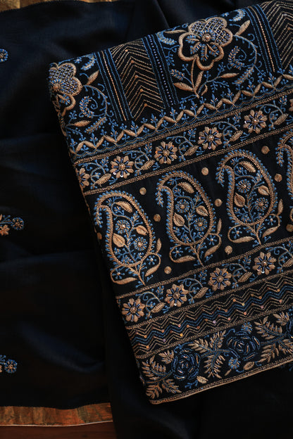 Black Moonga Silk Chikankari Unstitched Fabrics